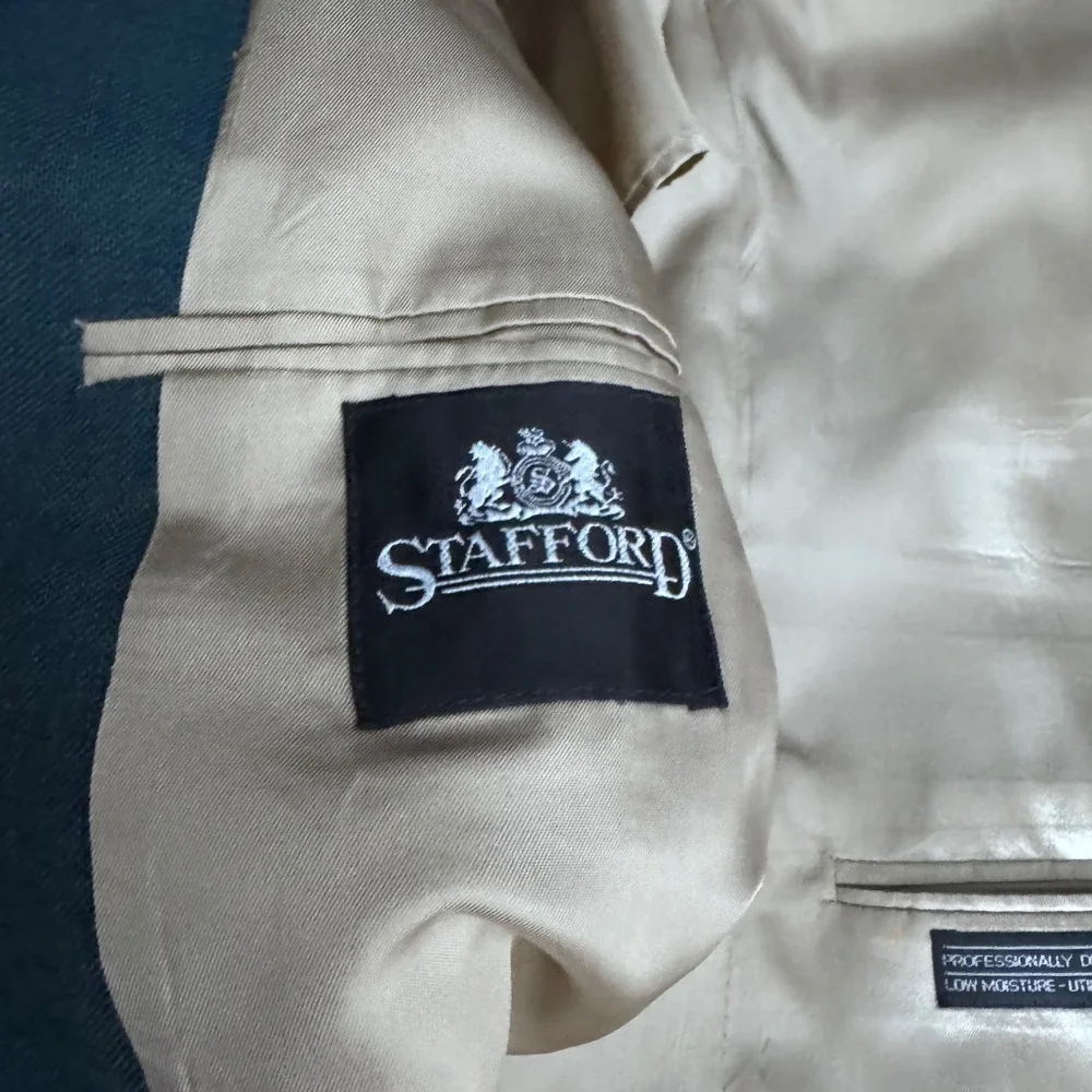 Stafford Blazer Mens 43R Teal Solid‎ Gold Crest Button Single Vent Sport Coat